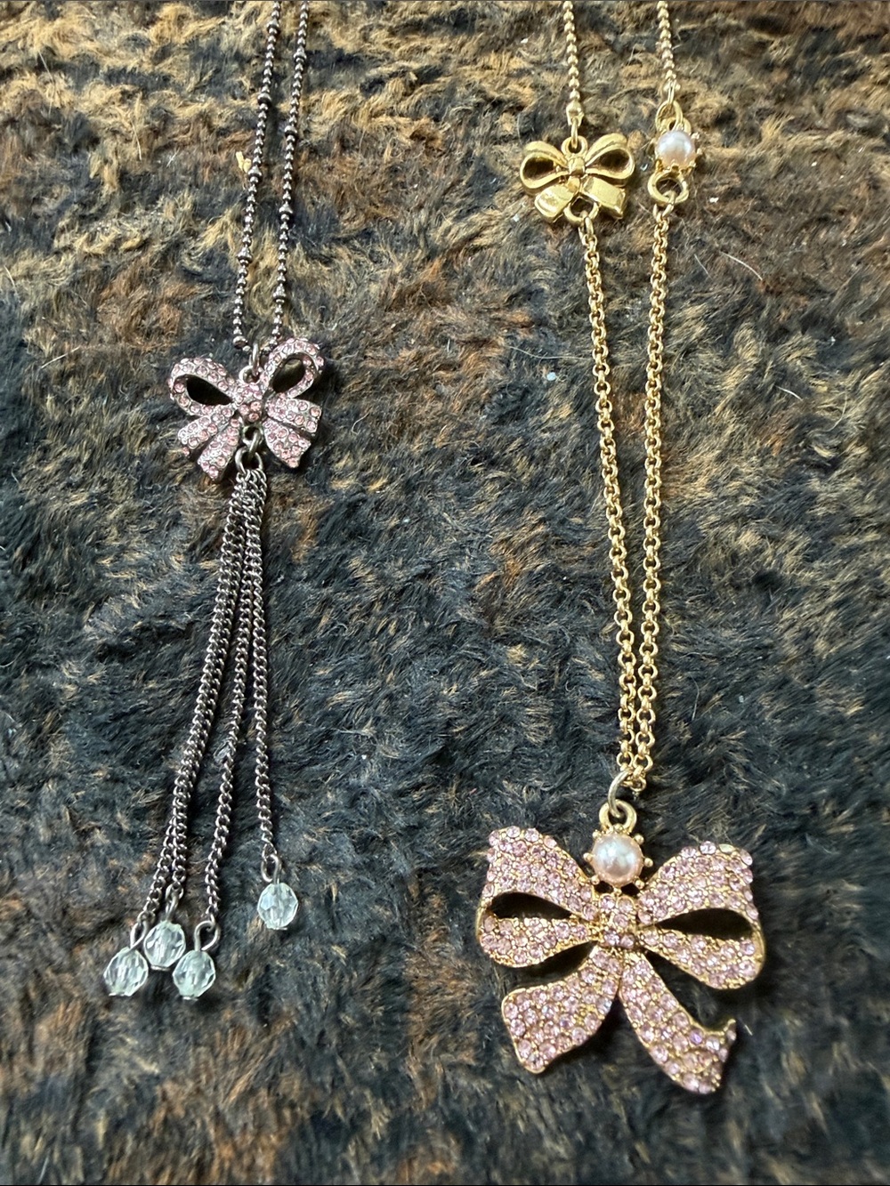 Gold and Silver Crystal Bow Pendant Necklaces - Vintage Betsey Johnson
